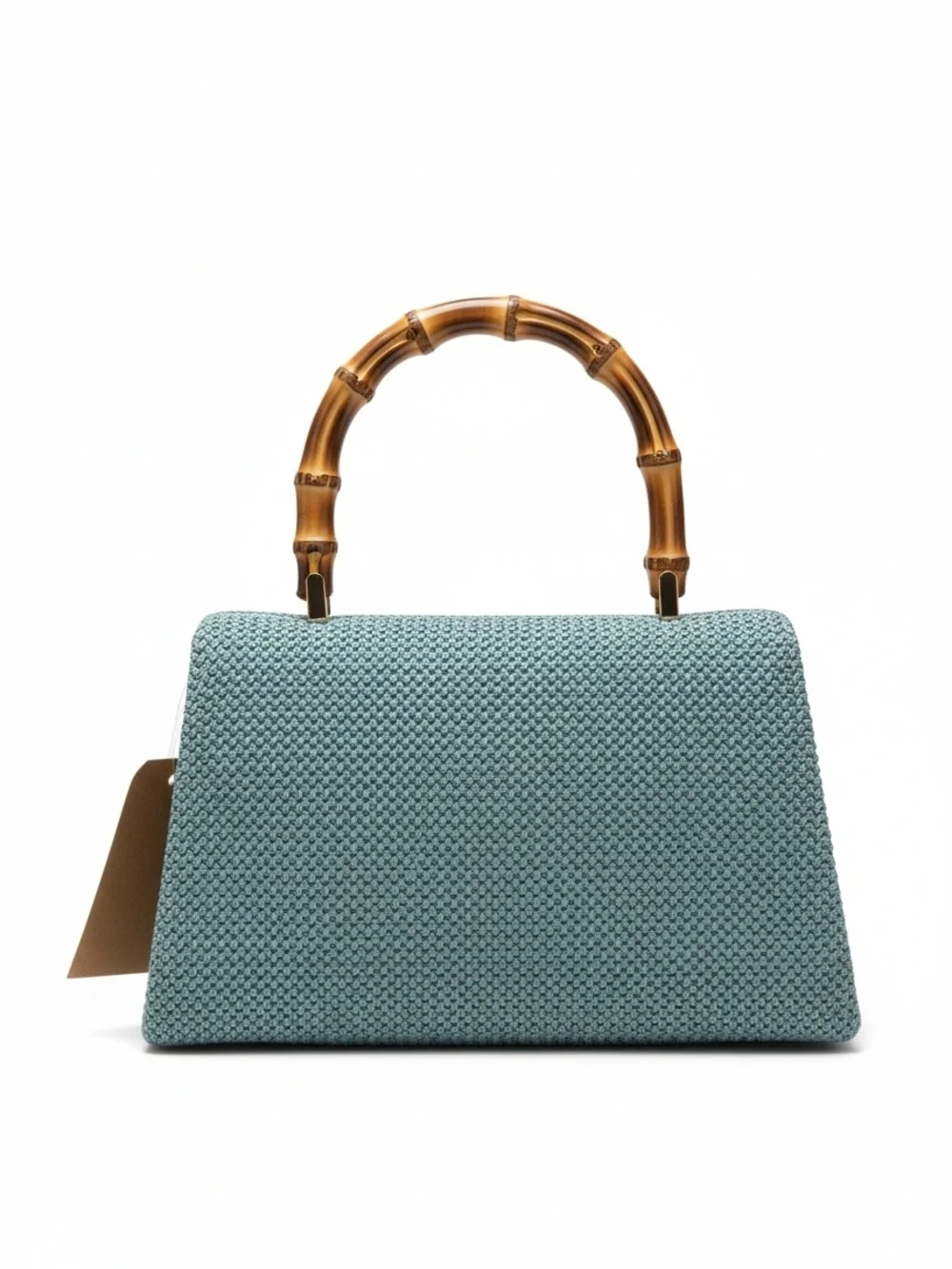 Woven Top-Handle Satchel in Teal with Bamboo Handle - Picture 3 of 3